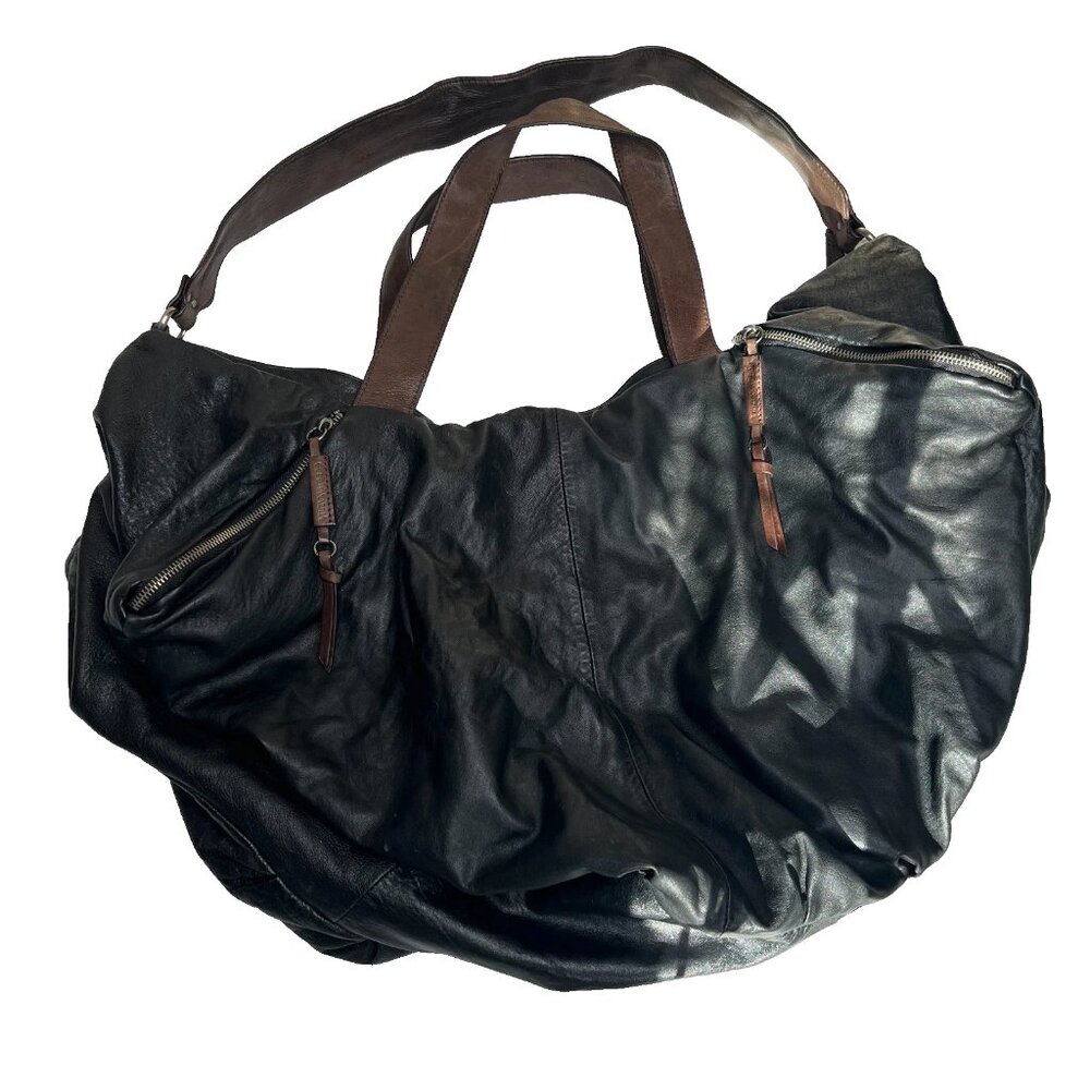 BCBG Maxazria Weekender Bag Leather Black Large Duffle Carry On Handbag 28"